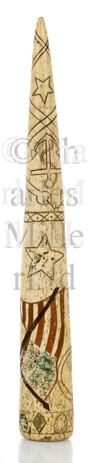 Lot 118 - Ø A 19TH CENTURY SCRIMSHAW DECORATED SAILORWORK WHALEBONE FID