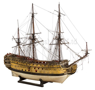 Lot 170 - A 1:48 SCALE ADMIRALTY BOARD STYLE MODEL OF THE 100 GUN FIRST-RATE SHIP OF THE LINE ROYAL WILLIAM AS REBUILT TO THE 1719 ESTABLISHMENT, THOUGHT TO BE 19TH CENTURY