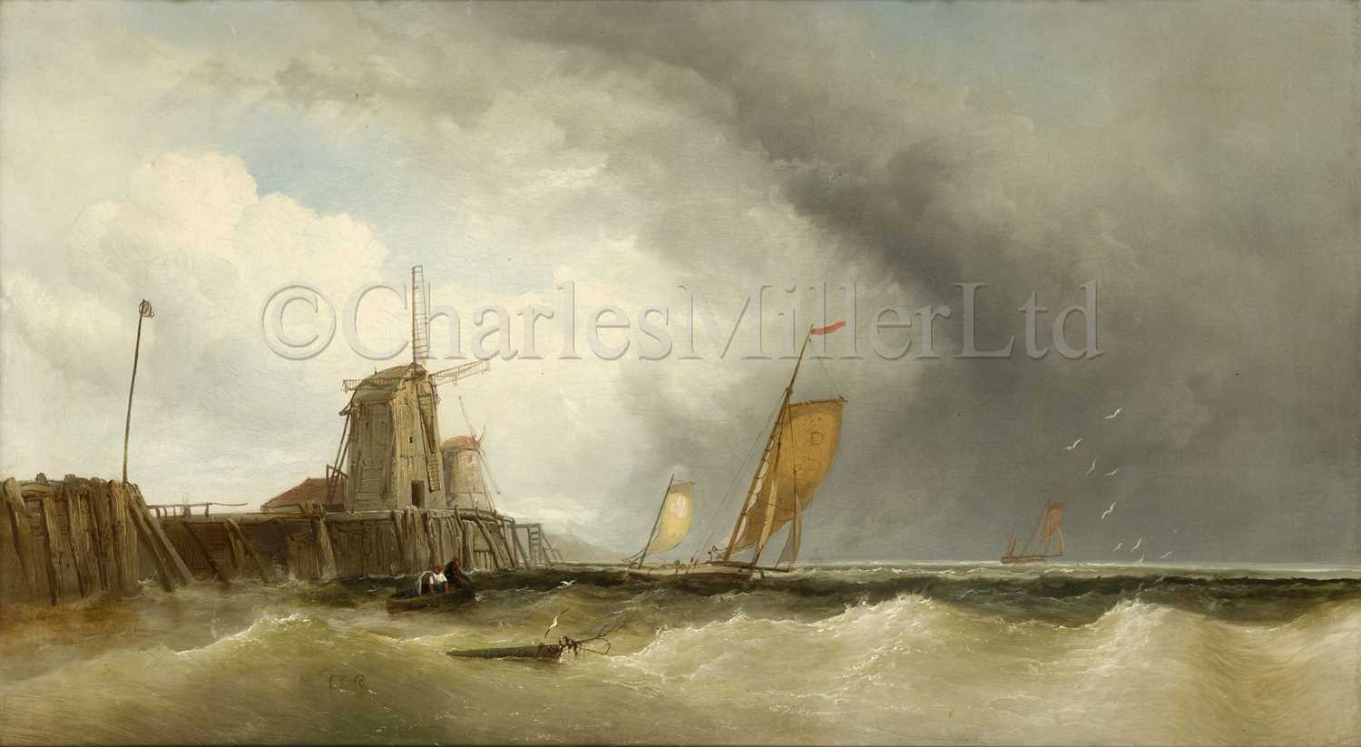 Lot 25 - JAMES WEBB (BRITISH, 1825-1895) : Luggers off a jetty