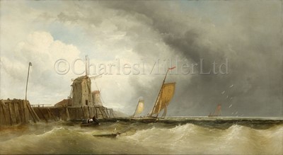 Lot 25 - JAMES WEBB (BRITISH, 1825-1895) : Luggers off a jetty