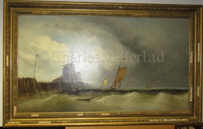 Lot 25 - JAMES WEBB (BRITISH, 1825-1895) : Luggers off a jetty