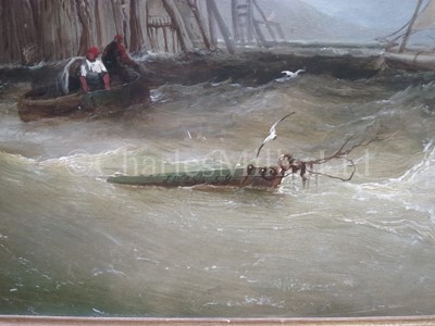 Lot 25 - JAMES WEBB (BRITISH, 1825-1895) : Luggers off a jetty