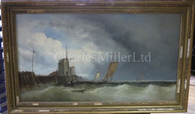 Lot 25 - JAMES WEBB (BRITISH, 1825-1895) : Luggers off a jetty