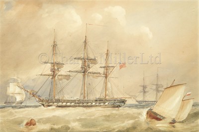 Lot 240 - FOLLOWER OF SIR OSWALD WALTERS BRIERLY (BRITISH, 19TH CENTURY) : H.M.S. ‘Imperieuse’ 50 guns at anchor in the Downes with crew furling her sails