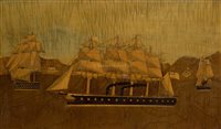Lot 99 - A MARQUETRY PICTURE OF H.M.S. MINOTAUR, CIRCA...