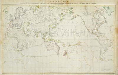 Lot 201 - ‘A GENERAL CHART: EXHIBITING THE DISCOVERIES MADE BY CAPTAIN JAMES COOK…IN THIS AND HIS TWO PRECEEDING VOYAGES; WITH THE TRACKS OF THE SHIPS UNDER HIS COMMAND’