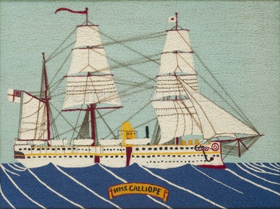Lot 255 - A SAILOR’S WOOLWORK PICTURE OF THE H.M.S. CALLIOPE, CIRCA 1880