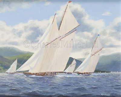 Lot 31 - STEVEN J. RENARD (BRITSH, B. 1947) : ‘Westward’ leading ‘Lulworth’ with ‘Britannia’ and ‘Cambria’ off Hunter’s Quay; ‘Vigilant’ and ‘Britannia’ on the Solent, 1894