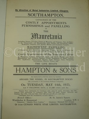 Lot 150 - AUCTION CATALOGUE OF THE APPOINTMENTS, EQUIPMENT AND PANELLING OF THE MAURETANIA