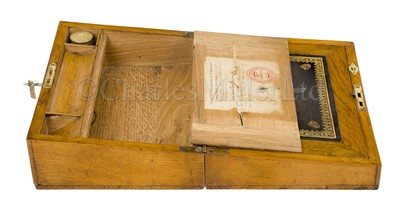 Lot 220 - A LATE 19TH CENTURY OAK PORTABLE WRITING SLOPE, MADE FROM TIMBERS OF LORD NELSON’S FLAGSHIP FOUDROYANT
