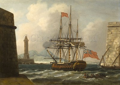 Lot 222 - MANNER OF THOMAS LUNY (ENGLISH, LATE 18TH CENTURY) A ‘74’ making sail out of the harbour at Naples with a vice-admiral of the Red aboard
