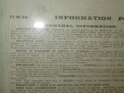 Lot 151 - A CUNARD TIMETABLE FOR OCTOBER 1924