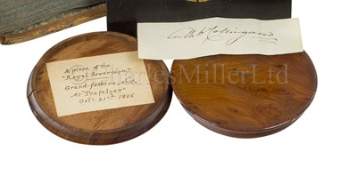 Lot 188 - AN EARLY 19TH CENTURY CIRCULAR TREEN SNUFF BOX MADE OF TIMBER TAKEN FROM ROYAL SOVEREIGN