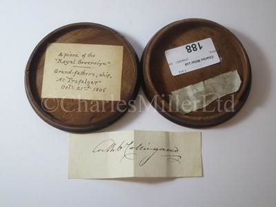 Lot 188 - AN EARLY 19TH CENTURY CIRCULAR TREEN SNUFF BOX MADE OF TIMBER TAKEN FROM ROYAL SOVEREIGN