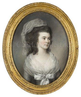 Lot 192 - Ø ATTRIBUTED TO HUGH DOUGLAS HAMILTON (1739-1808): Portrait of a lady identified as Dorothea Rotheram, wife of Captain Rotheram, circa 1790
