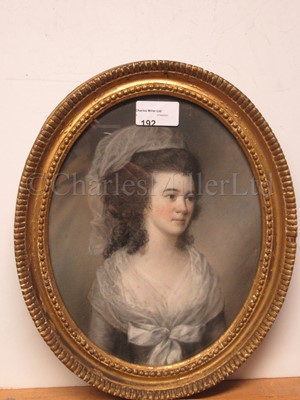Lot 192 - Ø ATTRIBUTED TO HUGH DOUGLAS HAMILTON (1739-1808): Portrait of a lady identified as Dorothea Rotheram, wife of Captain Rotheram, circa 1790