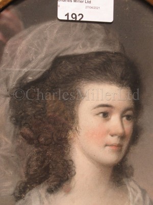 Lot 192 - Ø ATTRIBUTED TO HUGH DOUGLAS HAMILTON (1739-1808): Portrait of a lady identified as Dorothea Rotheram, wife of Captain Rotheram, circa 1790