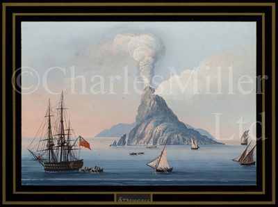 Lot 159 - NEAPOLITAN SCHOOL, 19TH CENTURY A British war ship and other shipping off Stromboli