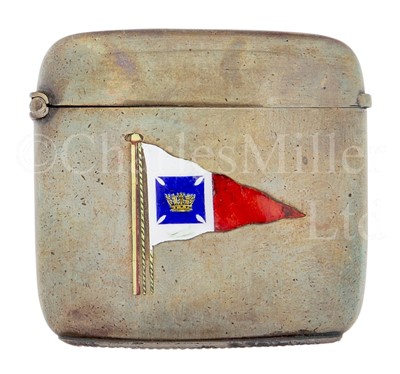 Lot 88 - A BRASS AND ENAMEL VESTA OWNED BY THE FOUNDER AND FIRST COMMODORE OF THE ROYAL CRUISING CLUB, CIRCA 1902