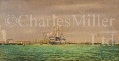 Lot 187 - IRWIN JOHN DAVID BEVAN (BRITISH, 1852-1940) : H.M.S. 'Victory' serving as port ship at Portsmouth, circa 1920