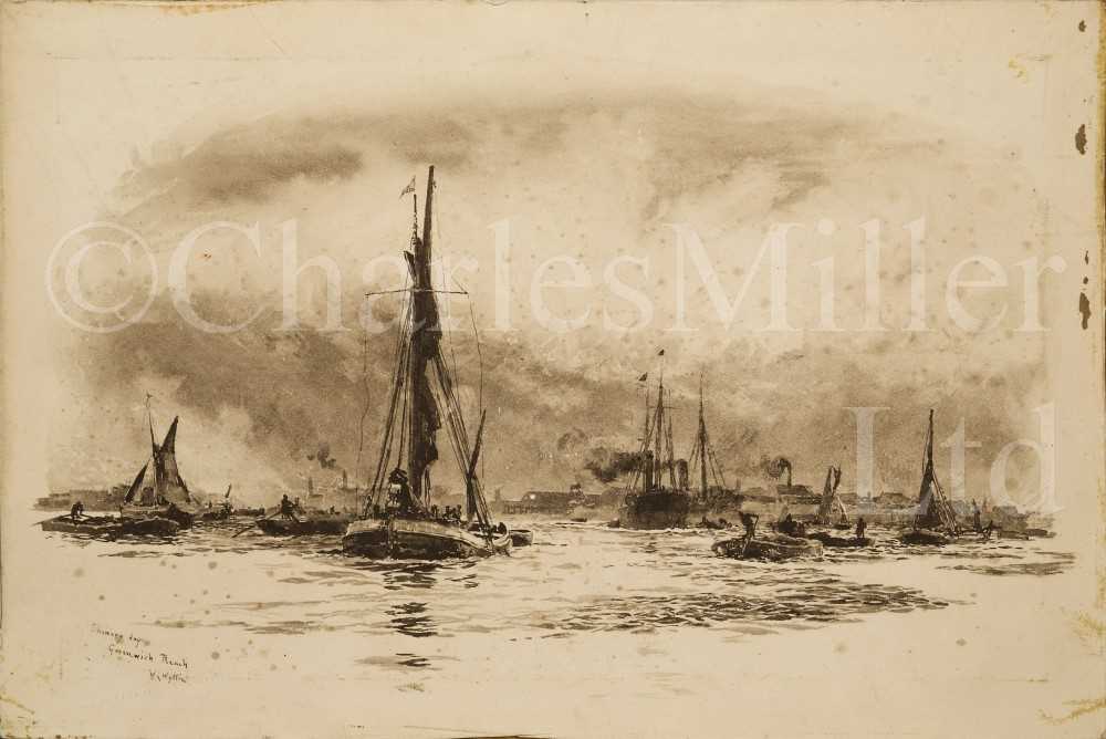 Lot 13 - WILLIAM LIONEL WYLLIE (BRITISH, 1851-1931) : Showery Day, Greenwich Reach; Square-rigged ships anchored off Dartmouth
