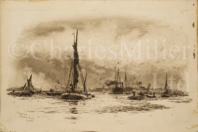 Lot 13 - WILLIAM LIONEL WYLLIE (BRITISH, 1851-1931) : Showery Day, Greenwich Reach; Square-rigged ships anchored off Dartmouth