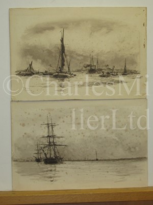 Lot 13 - WILLIAM LIONEL WYLLIE (BRITISH, 1851-1931) : Showery Day, Greenwich Reach; Square-rigged ships anchored off Dartmouth