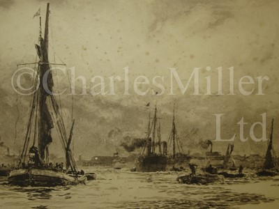 Lot 13 - WILLIAM LIONEL WYLLIE (BRITISH, 1851-1931) : Showery Day, Greenwich Reach; Square-rigged ships anchored off Dartmouth