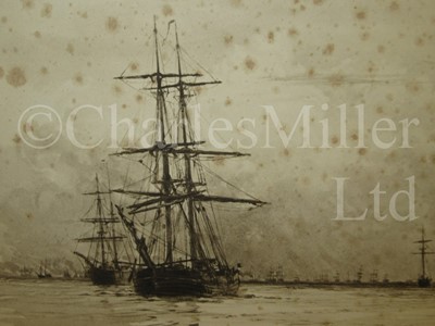 Lot 13 - WILLIAM LIONEL WYLLIE (BRITISH, 1851-1931) : Showery Day, Greenwich Reach; Square-rigged ships anchored off Dartmouth