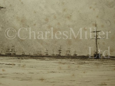 Lot 13 - WILLIAM LIONEL WYLLIE (BRITISH, 1851-1931) : Showery Day, Greenwich Reach; Square-rigged ships anchored off Dartmouth