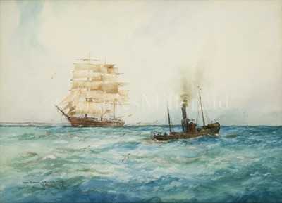 Lot 32 - WILLIAM MINSHALL BIRCHALL (BRITISH, 1884-1941) : Down channel with a good breeze; At the mouth of the Thames, war time