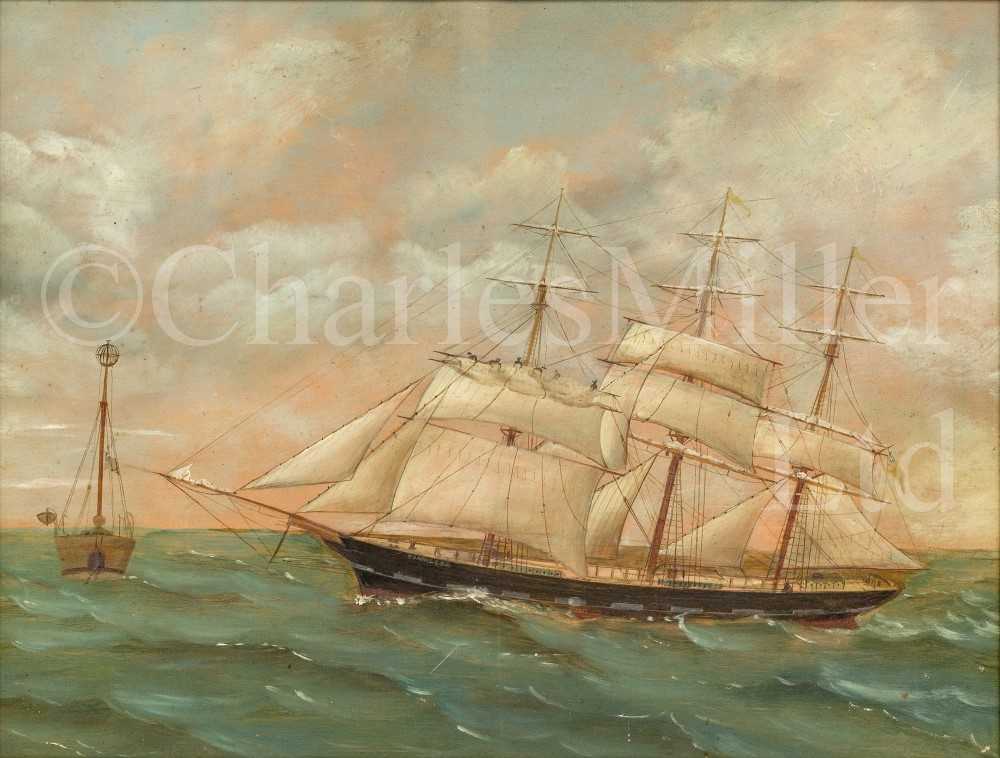 Lot 26 - ENGLISH PRIMITIVE SCHOOL, LATE 19TH CENTURY : The barque 'Trafalgar' passing a light ship