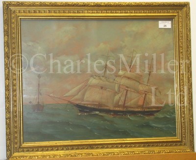 Lot 26 - ENGLISH PRIMITIVE SCHOOL, LATE 19TH CENTURY : The barque 'Trafalgar' passing a light ship