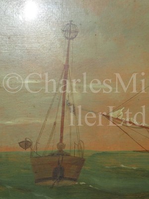 Lot 26 - ENGLISH PRIMITIVE SCHOOL, LATE 19TH CENTURY : The barque 'Trafalgar' passing a light ship