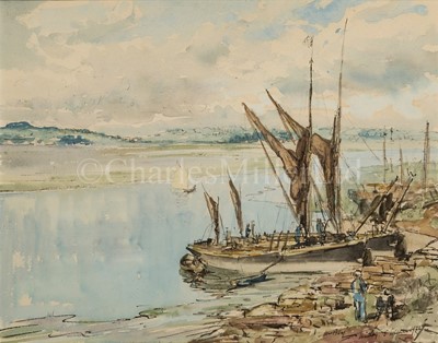 Lot 8 - JAMES MCBEY (BRITISH, 1883-1959) : Thames barges at Mistley, Essex