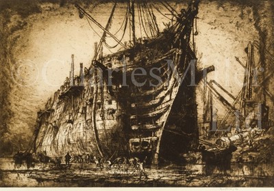 Lot 214 - SIR FRANK BRANGWYN (BRITISH, 1867-1956) : The last of H.M.S. 'Britannia'