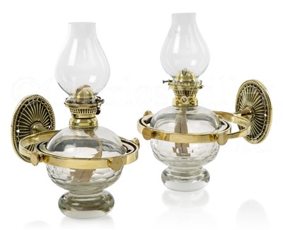 Lot 67 - AN  ATTRACTIVE PAIR OF GIMBALLED SHIP'S SALOON LAMPS, CIRCA 1870