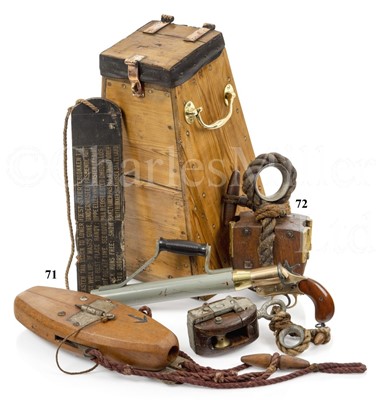 Lot 71 - A ROCKET BOX, UNDERSTOOD TO BE FROM PENLEE LIFEBOAT STATION, CIRCA 1890 and other lifesaving equipment