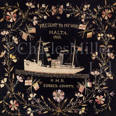 Lot 294 - A MALTESE SILKWORK COMMEMORATING H.M. DRIFTER SUSSEX COUNTY, 1918
