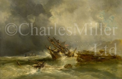Lot 70 - RALPH REUBEN STUBBS (ENGLISH, C1820-1880) ; Shipping in distress off a rocky headland