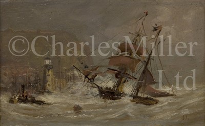 Lot 108 - ATTRIBUTED TO JOSEPH WRIGHTSON MCINTYRE (BRITISH, 1841-1897) A paddle tug labouring to bring a ship to safety, Scarborough Harbour