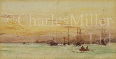 Lot 65 - ATTRIBUTED TO WILLIAM LIONEL WYLLIE (BRITISH, 1851-1931) : A set of four: two seascapes with shipping; harbour scene at sunset and beach fishing boats