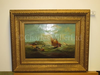 Lot 24 - FOLLOWER OF EDWIN HAYES (BRITISH, 1819-1904) - Fishing boat off a coast