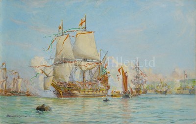 Lot 165 - HAROLD WYLLIE (BRITISH, 1880-1973) - Drake in the 'Golden Hinde' arrives at Woolwich after voyage around the world