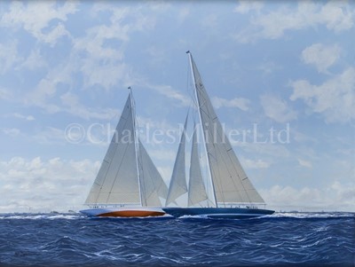 Lot 72 - JAMES MILLER (BRITISH, B. 1962) - The J-Class racing yachts ‘Ranger’ and ‘Endeavour II’ racing off Rhode Island in the America’s Cup, 1937