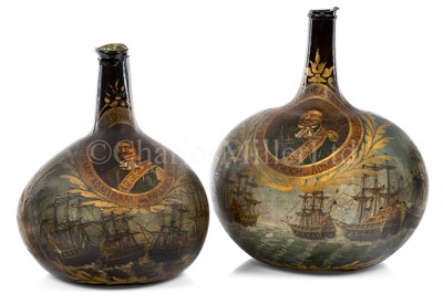 Lot 167 - A LARGE GREEN GLASS ONION BOTTLE COMMEMORATING ADMIRAL MICHIEL ADRIEAASZ DE RUYTER, CIRCA 1700