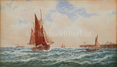 Lot 2 - GEORGE STANFIELD WALTERS (BRITISH, 1838-1924) - SUNSET ON THE MEDWAY; YARMOUTH BOATS GOING INTO HARBOUR