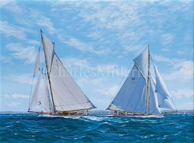 Lot 50 - δ JAMES MILLER (BRITISH, 1962-) - 'MARIQUITA' AND 'TUISA' ON THE SOLENT; 'ELEONORA' AND 'MARIETTE' IN THE WESTWARD CUP 2010