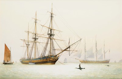 Lot 180 - δ WILLIAM M BALL (BRITISH, 1923-2008) - THE FRIGATE 'DIANA'; FRIGATES AND CORMORANTS IN TORBAY