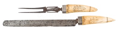 Lot 29 - Ø A FINE SCRIMSHAW DECORATED WHALE’S TOOTH CARVING SET, CIRCA 1850